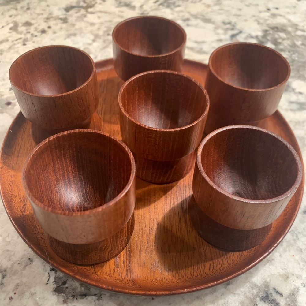 Mid Century Modern teak dish with 6 egg cups (or shot glasses if you prefer!🥃)